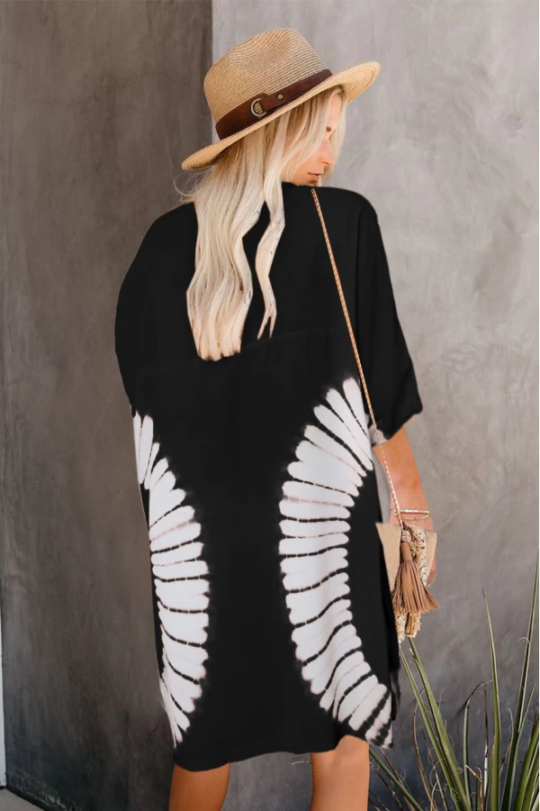 Black White Ring Detail Open Front Cover Up Dress